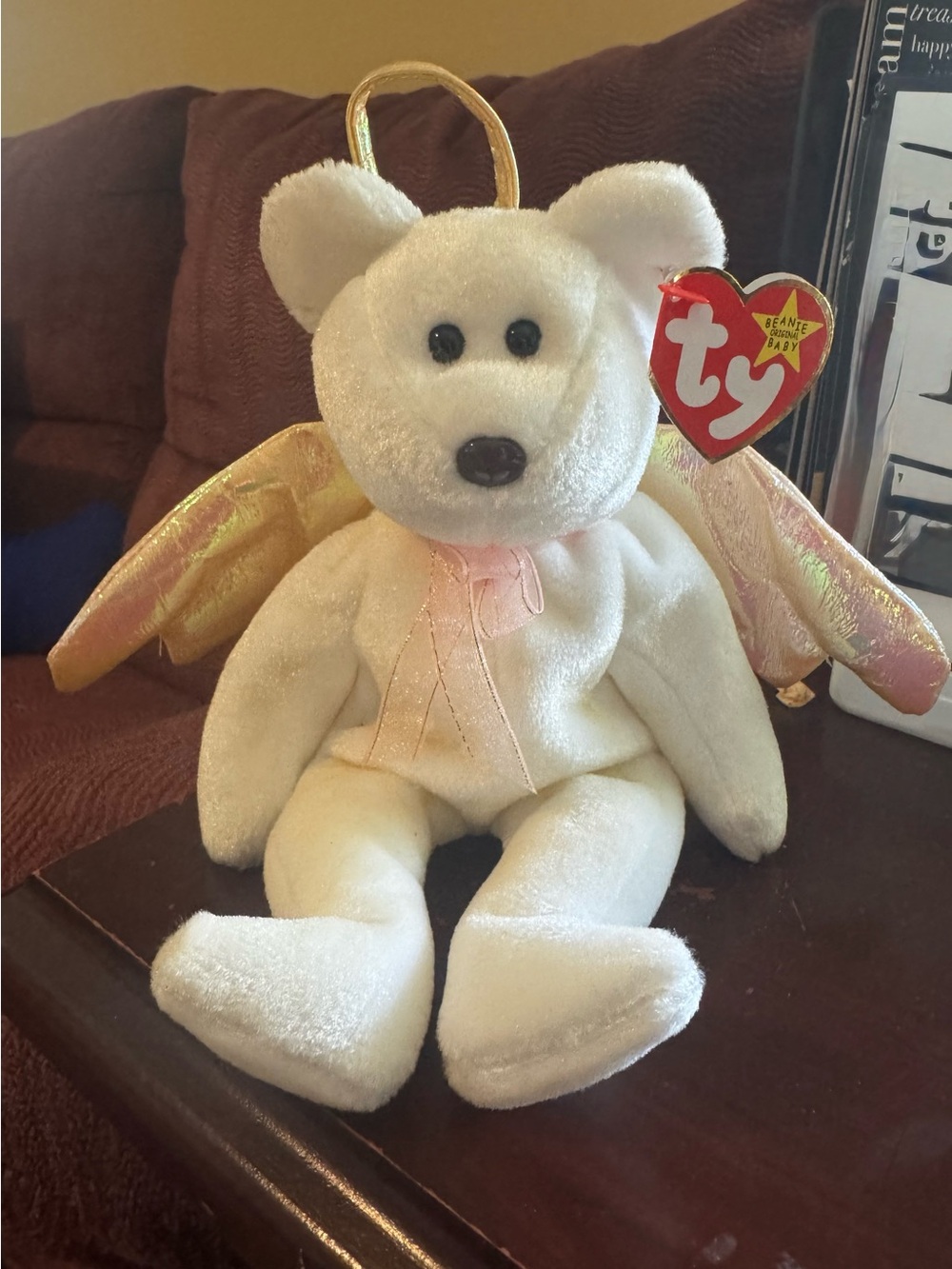 Ty White Angel Bear Plush with Gold Wings and Pink Bow